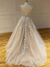 Round Neck Long Champagne Lace Wedding Dresses, Champagne Lace Formal Semi Formal Prom Evening Dresses